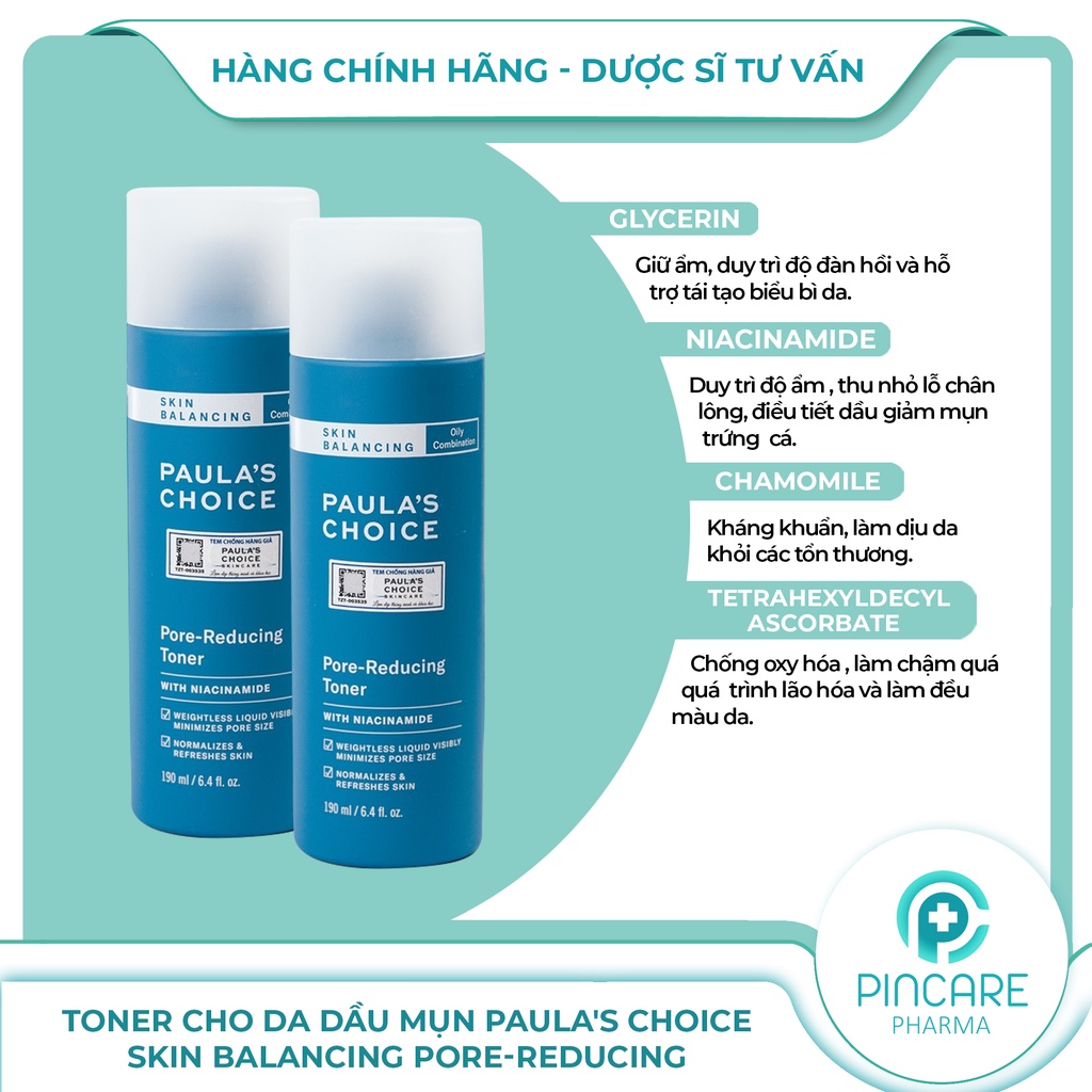 Toner cho da dầu mụn lỗ chân lông to Paula's Choice Skin Balancing Pore-Reducing Toner 190ml - Hàng chính hãng - PinCare