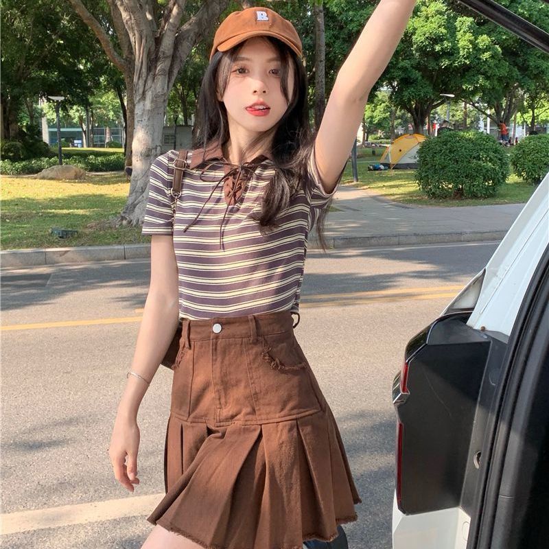 AMOI Set Áo Sơ Mi Kẻ Sọc + Chân Váy Xếp Ly Thời Trang Nữ Tính