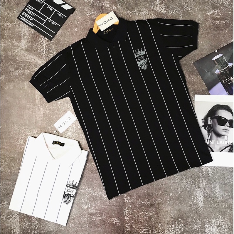 Áo Polo nam cổ bẻ tay ngắn phối kẻ sọc thêu chữ KING cực chất form ôm dáng người chất vải cotton mát | BigBuy360 - bigbuy360.vn