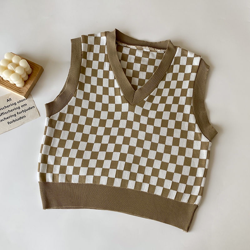 Áo len cổ chữ v không tay họa tiết sọc caro thời trang nữ