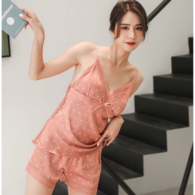 (VB01) (xả kho bán lỗ)Bộ đồ ngủ chấm bi 2 mảnh phong cách Hàn Quốc