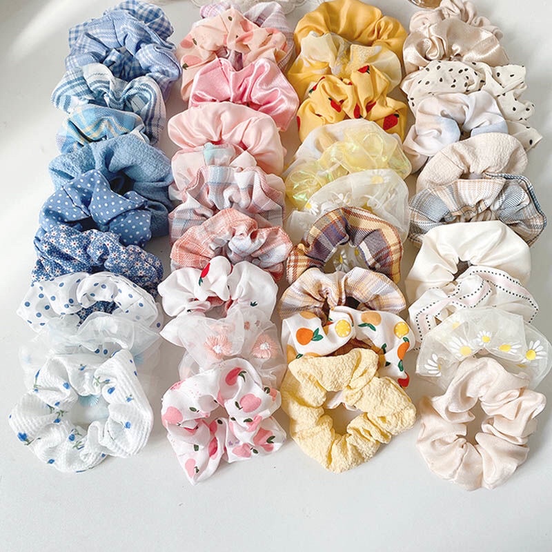 Set dây buộc tóc scrunchies chun cột tóc vải họa tiết phong cách vintage
