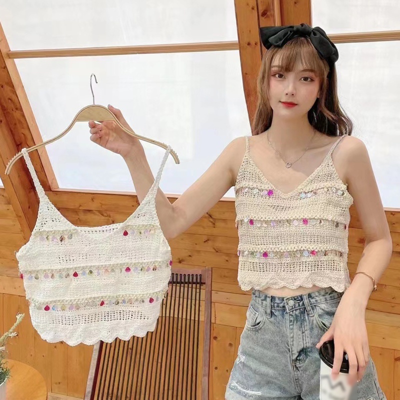 Youyo Áo Croptop Dệt Kim Hai Dây Tua Rua Đính Kim Sa Phong Cách Boho Mùa Hè Cho Nữ
