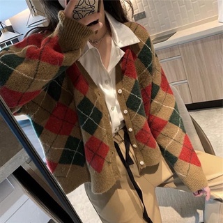 Áo Khoác Cardigan Len Lông Cừu Hoạ Tiết Caro Hàn Quốc