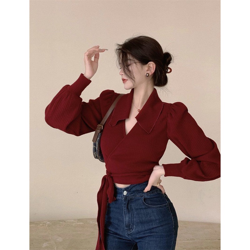 Áo Sơ Mi Dệt Kim Cổ Bẻ Thắt Nơ Phong Cách Mới Cho Nữ