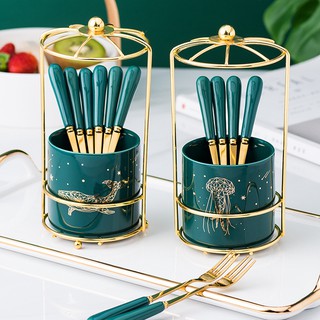 Bộ 6 nĩa bằng thép không gỉ mạ vàng và ống gốm dùng ăn bánh kem / trái cây