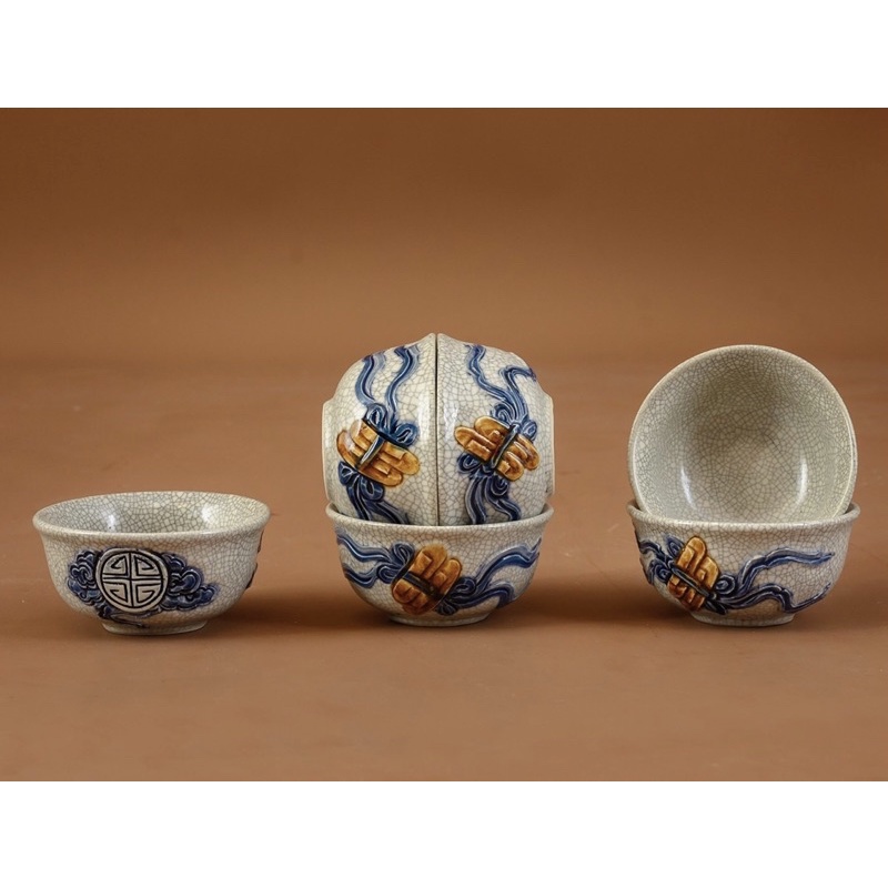 Set 6 bát cơm cúng gia tiên, men rạn cổ, họa tiết đắp nổi thủ công. Gốm sứ Bát Tràng cao cấp