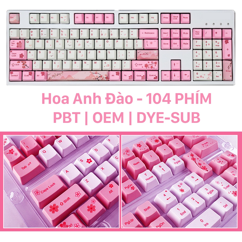 Keycap Sakura Powder Profile OEM nhựa PBT cao cấp in Dye-Sub sắc nét Full 123 phím