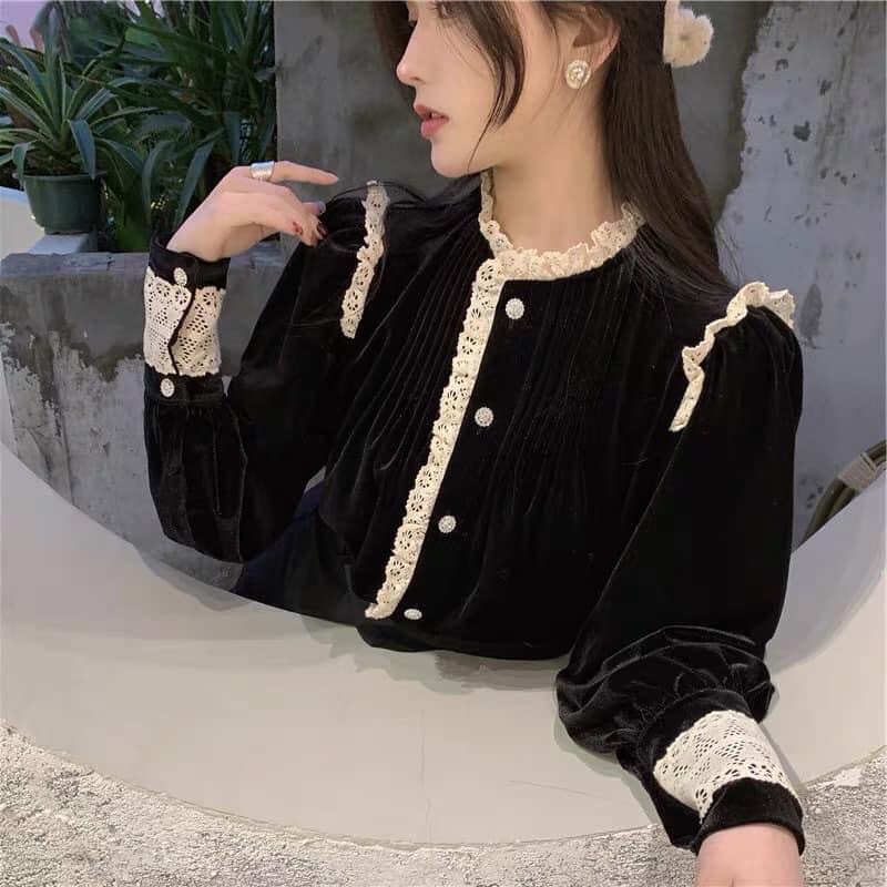 Áo Sơ Mi Nhung Khuy Ngọc Phối Viền Ren Điệu Đà✌️Ảnh Thật | BigBuy360 - bigbuy360.vn