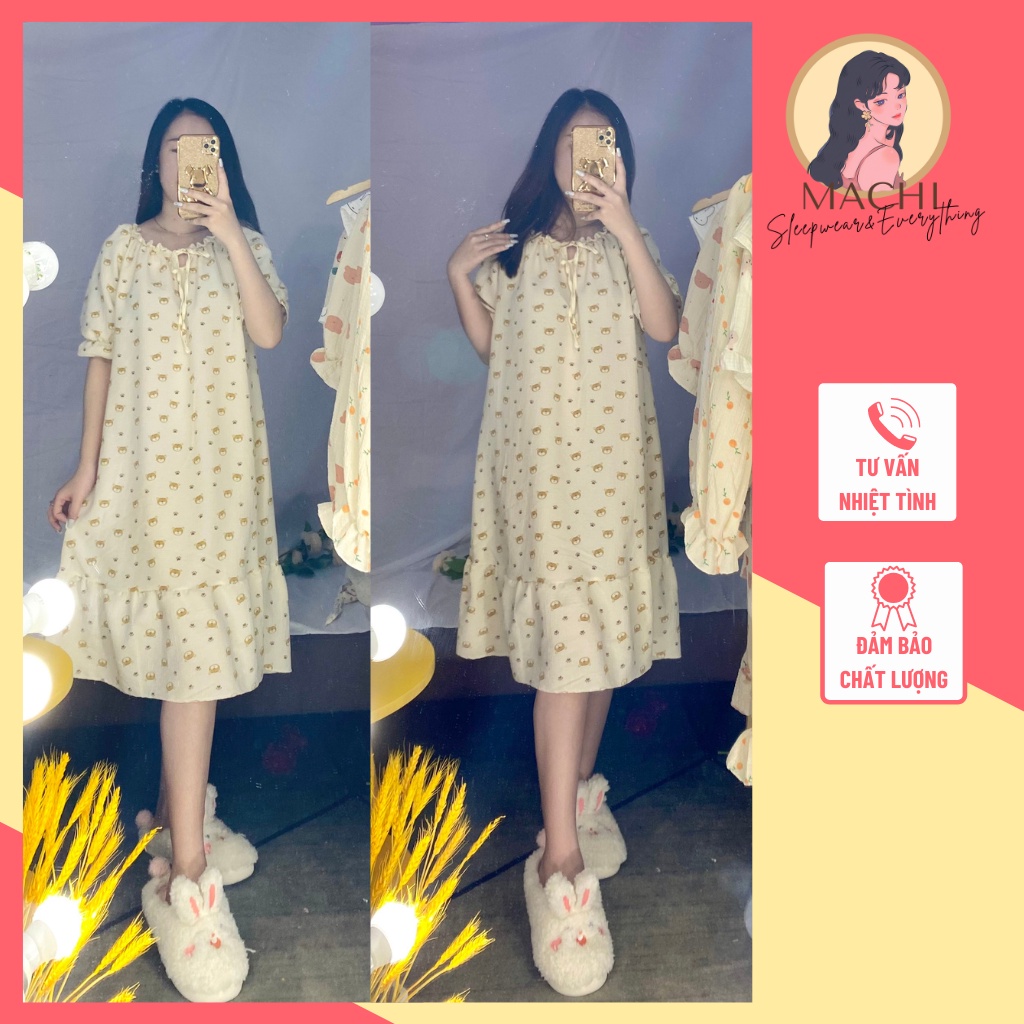 Váy ngủ - đầm mặc nhà dài qua gối họa tiết đáng yêu, vải đũi xốp mềm mại, tay ngắn bồng, chân váy bèo điệu đà tiểu thư