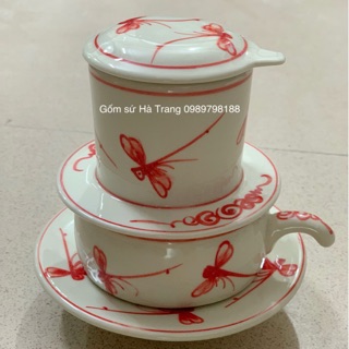 Phin pha cafe gốm sứ Bát Tràng cao cấp vẽ chuồn kim đỏ