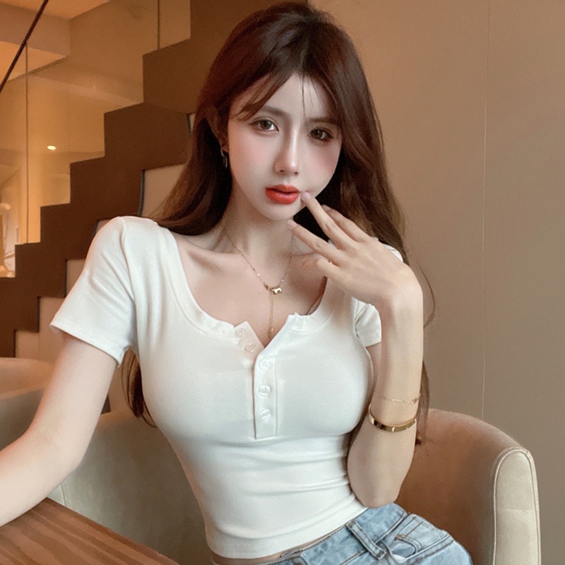 Áo Thun Tay Ngắn Cổ Vuông Màu Sắc Ngọt Ngào Thời Trang Cho Nữ