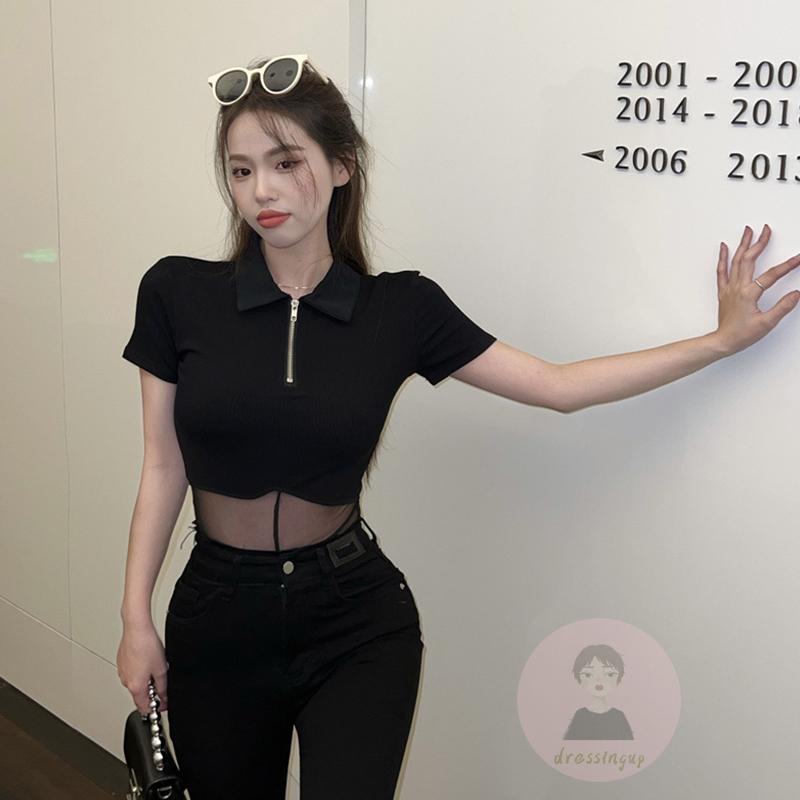 DRE-Women Attractive Sheer Bodysuit, Black Solid Color Quarter Zip Turn-down Neckline Bodysuit