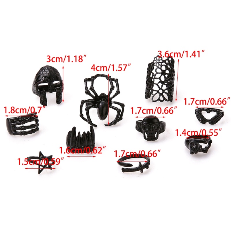 Set 10 Nhẫn Hở Hình Đầu Lâu / Ngôi Sao / Nhện Phong Cách Gothic Sang Trọng Cho Cặp Đôi
