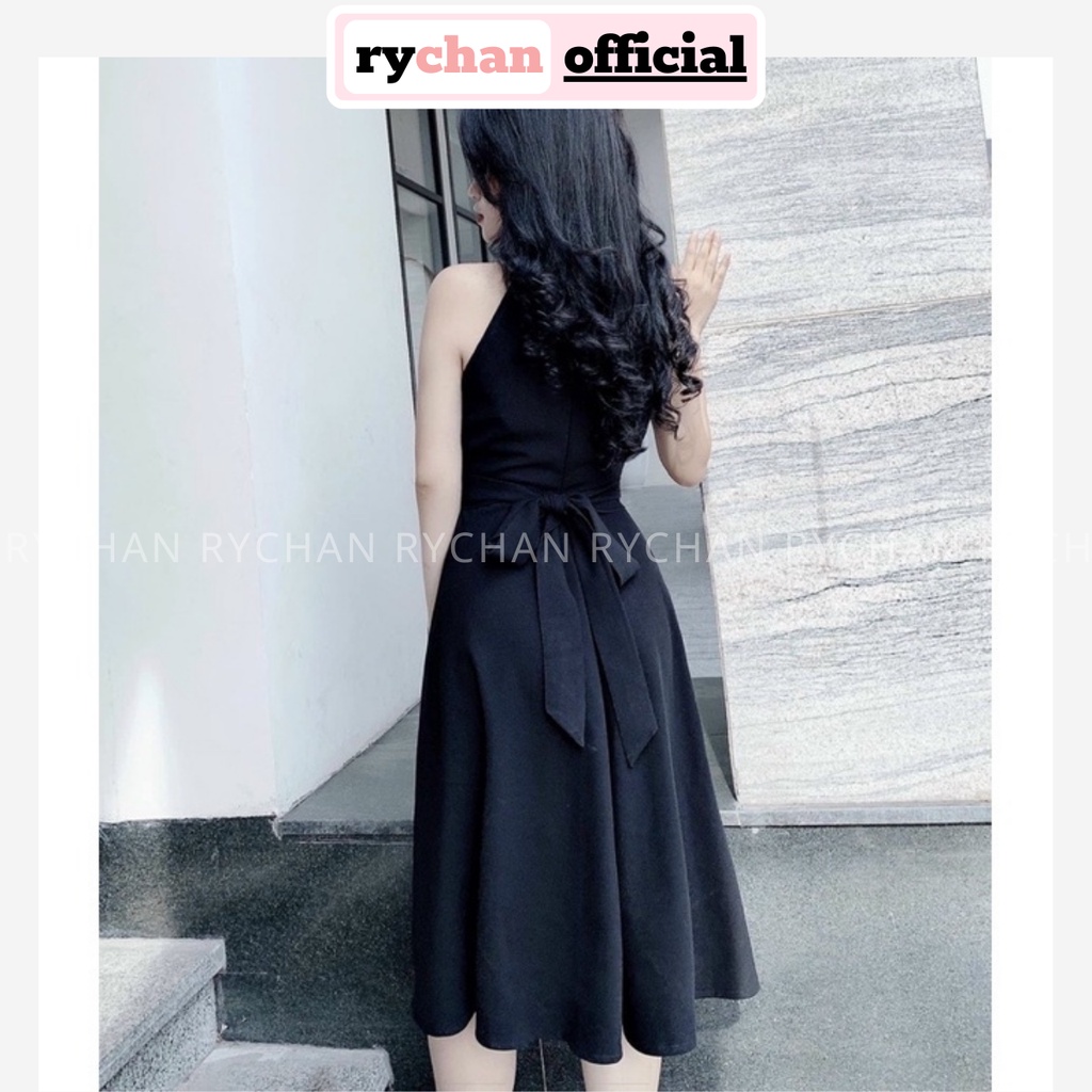 Đầm Nữ Dự Tiệc Dáng Dài Xòe Cổ Yếm Khoét V Thắt Chéo Eo Cực Quyến Rũ Màu Đen - DX9734