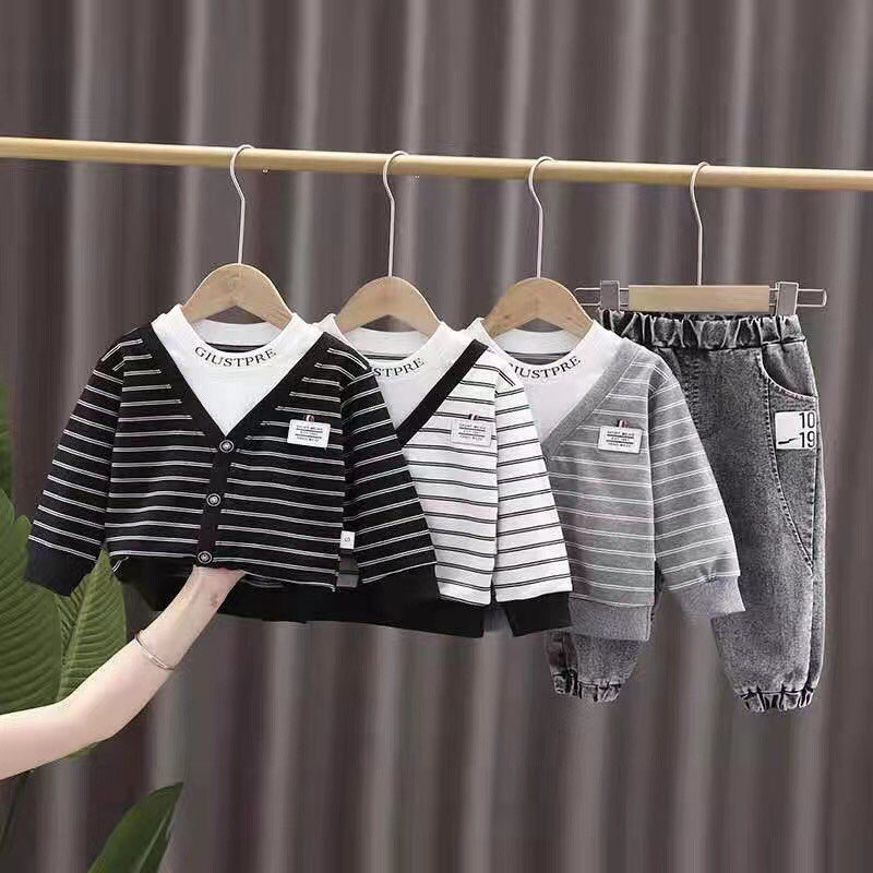 Đồ bộ bé trai, Set công tử phối quần jeans dài và áo sweater thun nỉ kẻ ngang cổ tim đẹp trai cho bé 7-18 kg, SUN KID'S