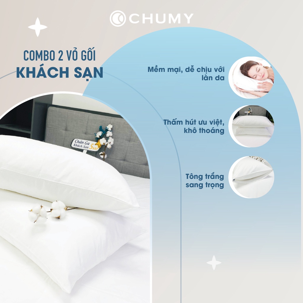 Vỏ gối trắng khách sạn CHU MY, TC400 100% cotton, tiêu chuẩn khách sạn 5 sao, kích thước 50x70cm/60x80cm