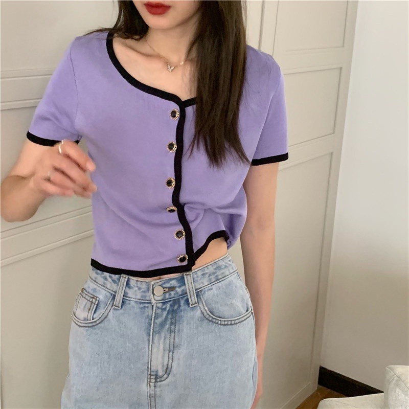 Áo kiểu dệt kim tay ngắn thời trang mùa hè cho nữ