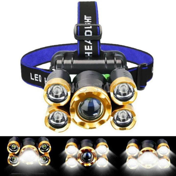 Đèn Pin Siêu Sáng Đội Đầu 5 Mắt Phiên Bản Mới Bóng To Hơn Sáng Hơn, Tặng Kèm Dây Sạc