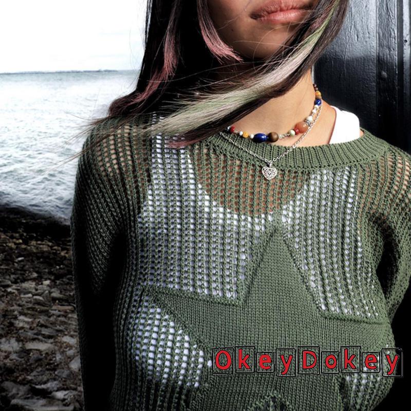 Áo Dệt Kim Tay Dài Cổ Tròn Nhìn Xuyên Thấu Phong Cách Đường Phố Thời Trang Mùa Hè Cho Nữ