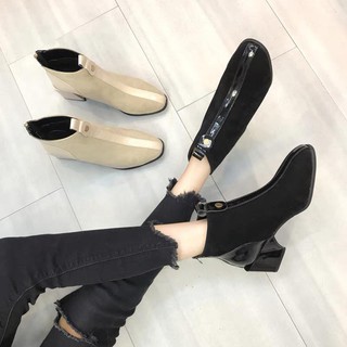 Giày Bốt Nữ Da Lộn Viền Da Gót Vuông cao 5cm