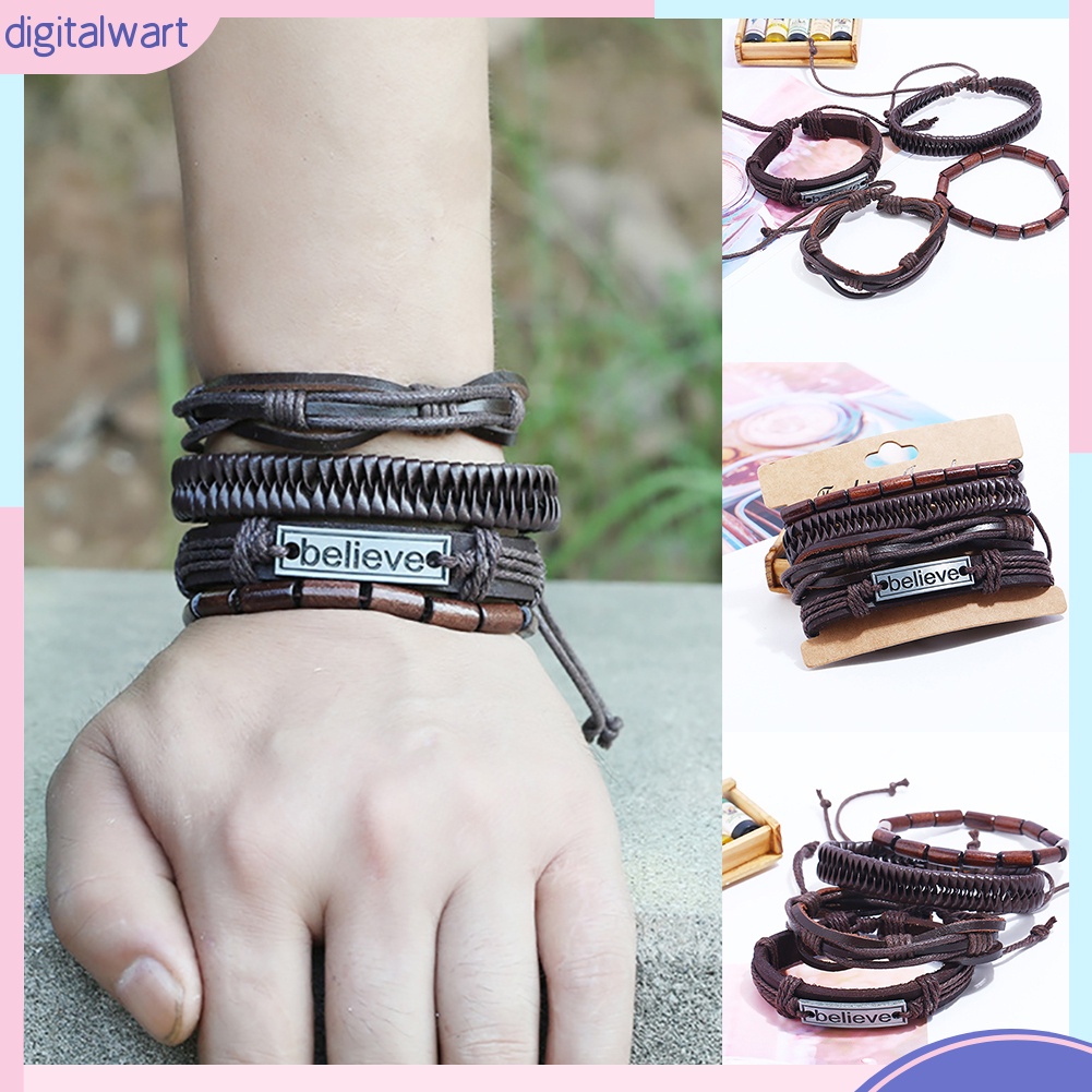 Set 4 vòng tay bện dây da nhiều lớp thời trang nam