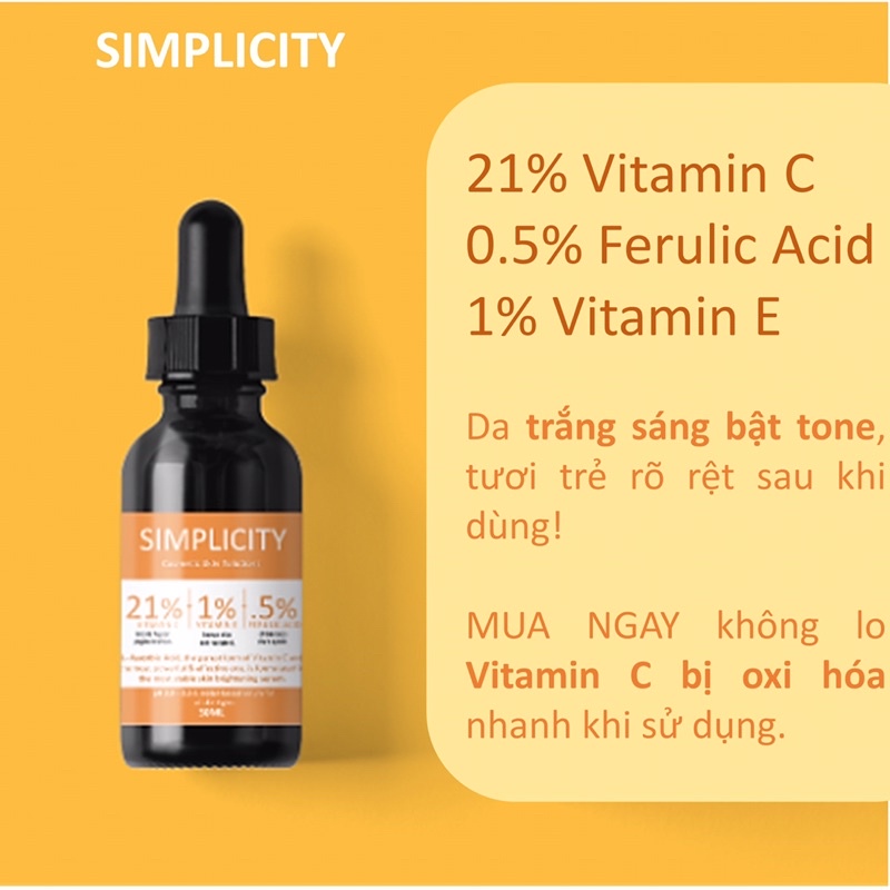 Tinh chất trắng da mờ thâm 20% Vitamin C 0.5% Ferulic acid 1% Vitamin E Simplicity