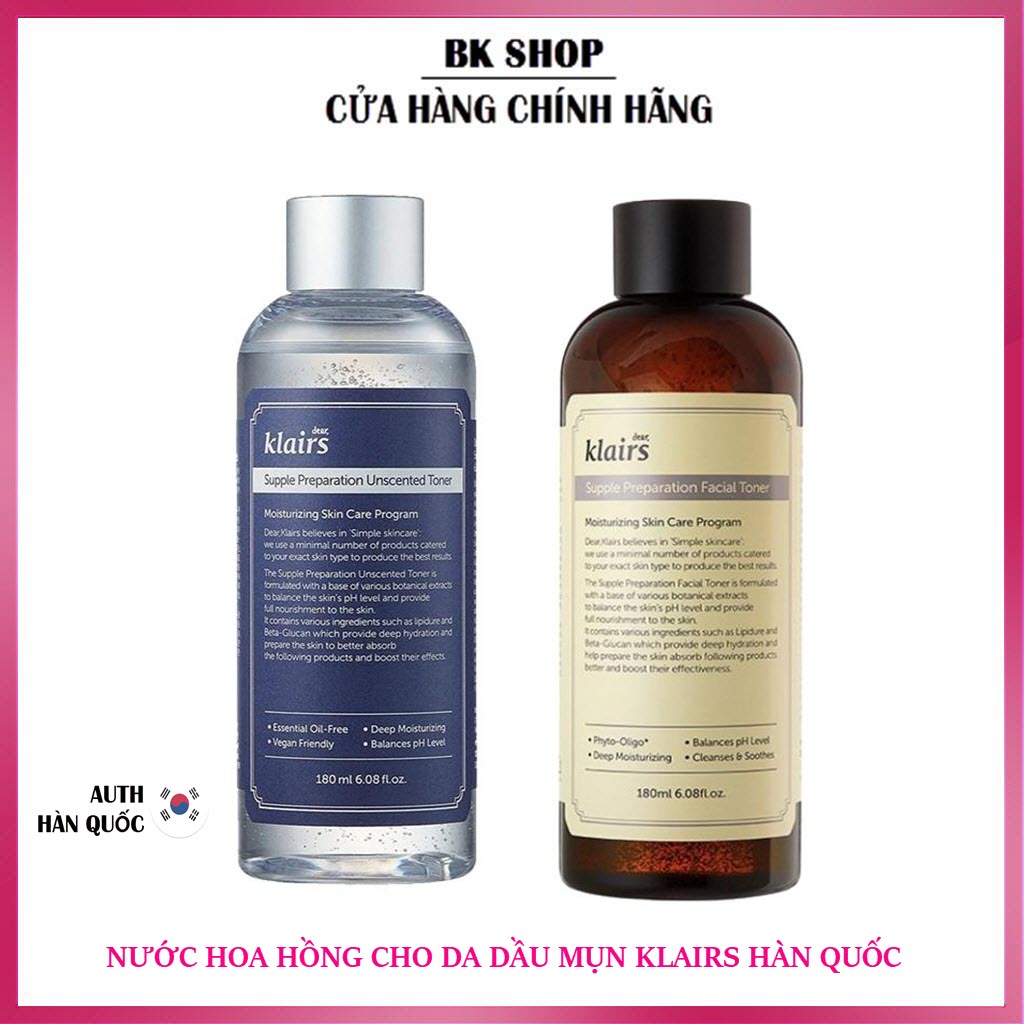 [Hàn Quốc] Nước Hoa Hồng Da Dầu Mụn Klairs Supple Preparation Unscented Toner 180ml