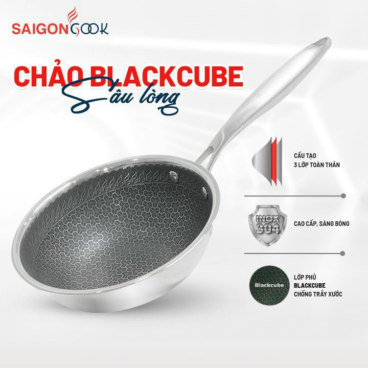 Chảo Chống Dính Saigoncook-Blackcube Prime X3-Sâu Lòng-Inõ 304-3 lớp-chống trày sước-siêu bền,đẹp,chính hãng-giá rẻ-BH5N