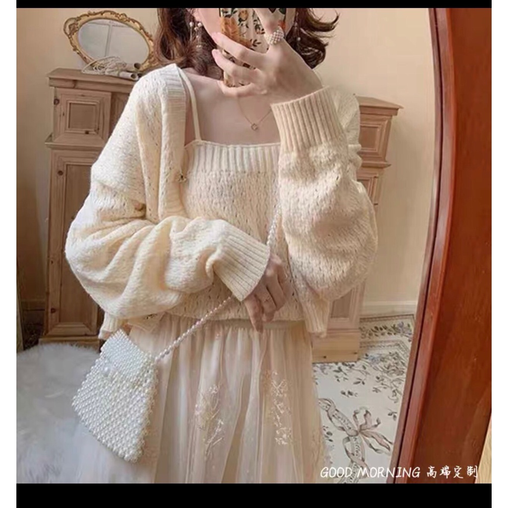 Set áo cardigan len lông thỏ
