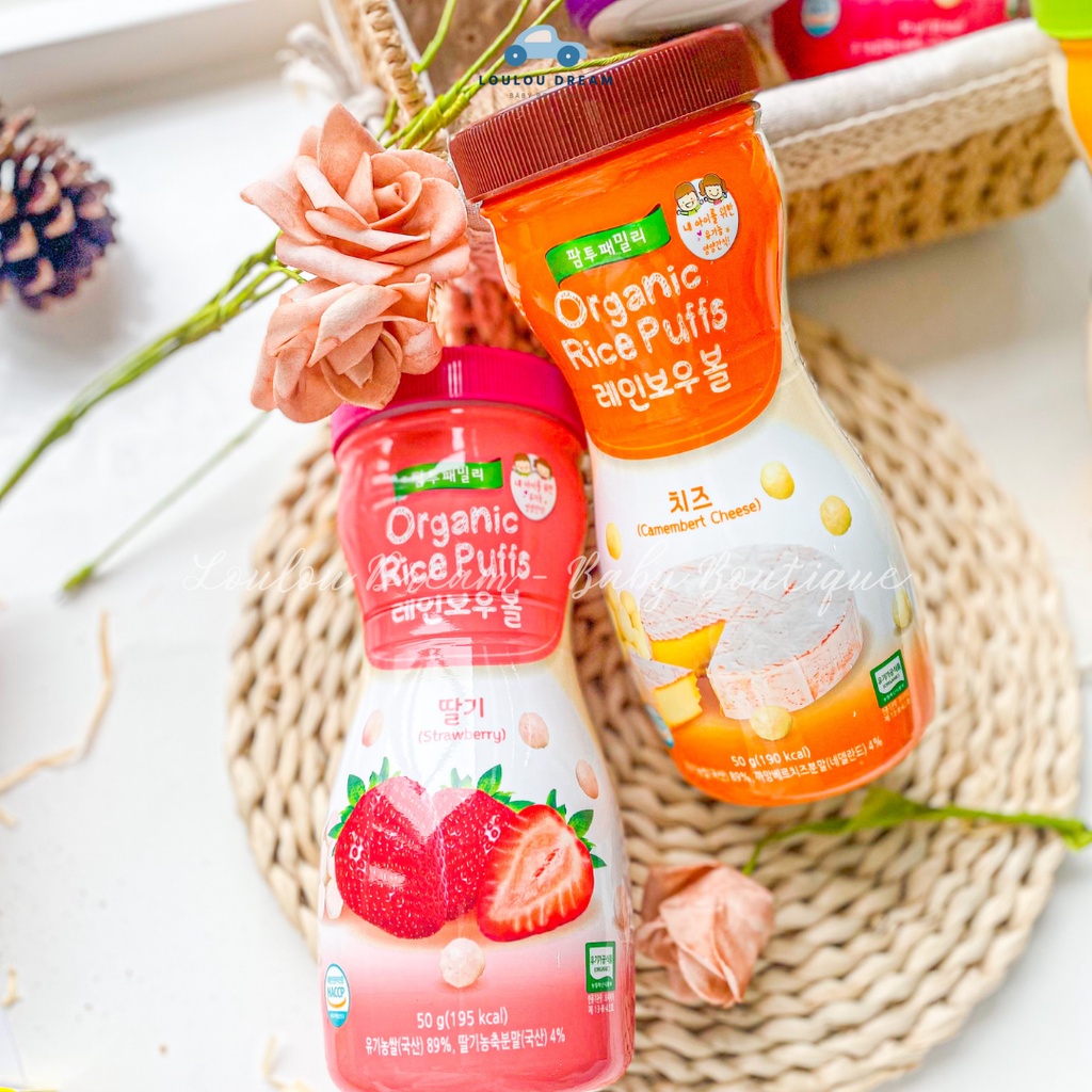 Bánh gạo ăn dặm Farm to Family hữu cơ - Organic Rice Puffs dạng viên cho bé từ 6 tháng Hàn Quốc 50g [BAY AIR]