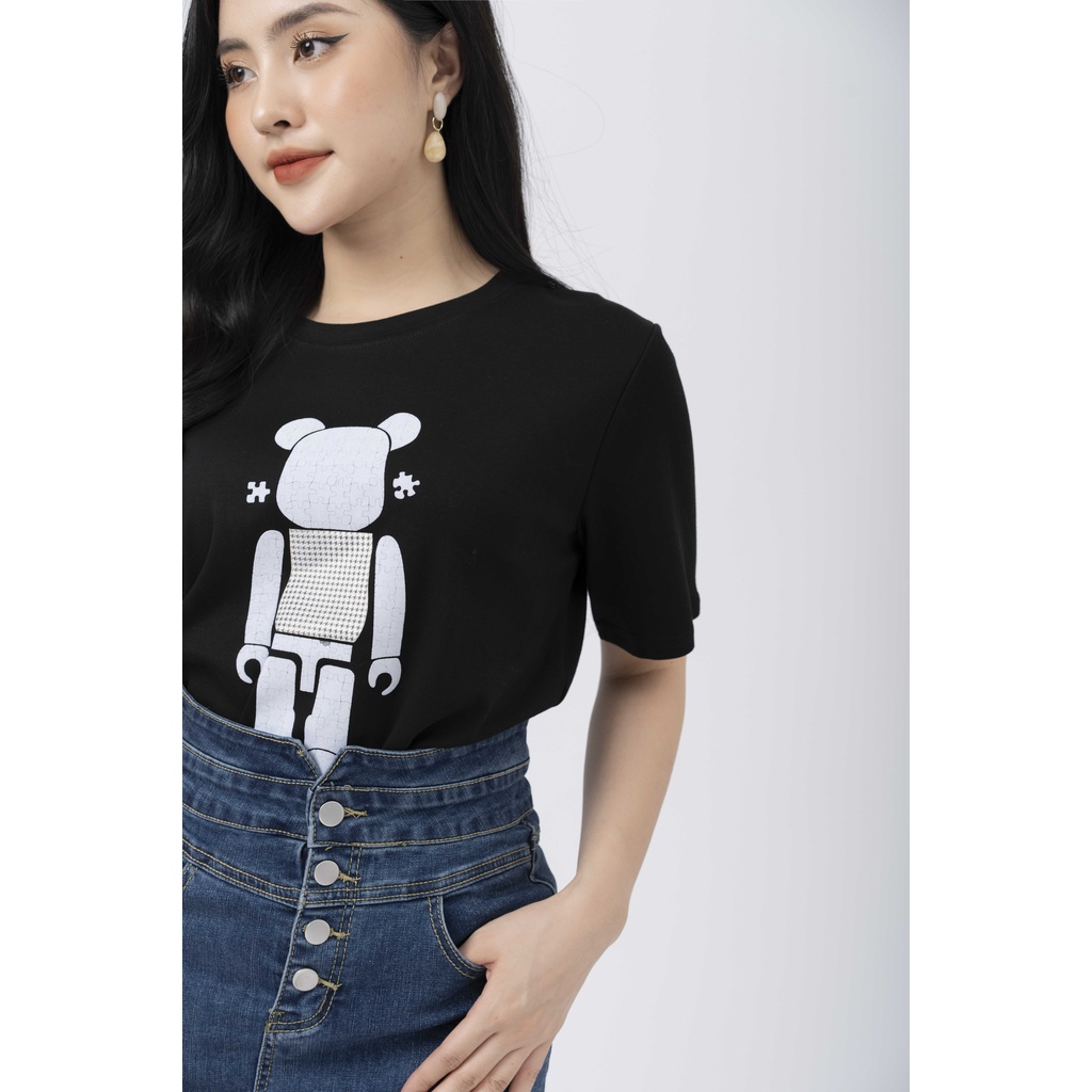 Áo phông nữ dáng suông cotton nữ rộng cổ tròn freesize họa tiết gấu lego FIONA C522007