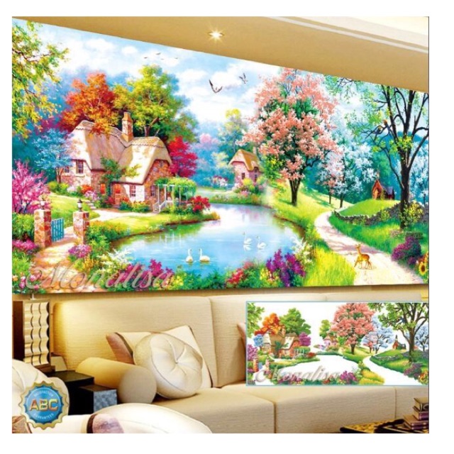 Tranh đính đá phong cảnh tổ ấm mùa xuân 150x70cm giá tốt