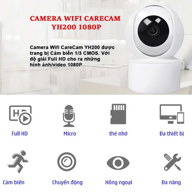 Camera 1080P Wifi - CareCam YH200 Độ Phân Giải 2.0Mpx - Xoay Theo Chuyển Động - Phần Mềm Carecam - quà tặng hấp dẫn | BigBuy360 - bigbuy360.vn