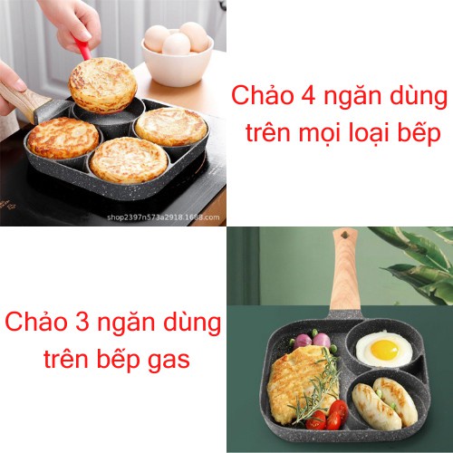 MVP396 Chảo Chiên Trứng 4 Ngăn - Chảo Làm Bánh 4 Lỗ Chống Dính- Chống Dính Tay Cầm Gỗ