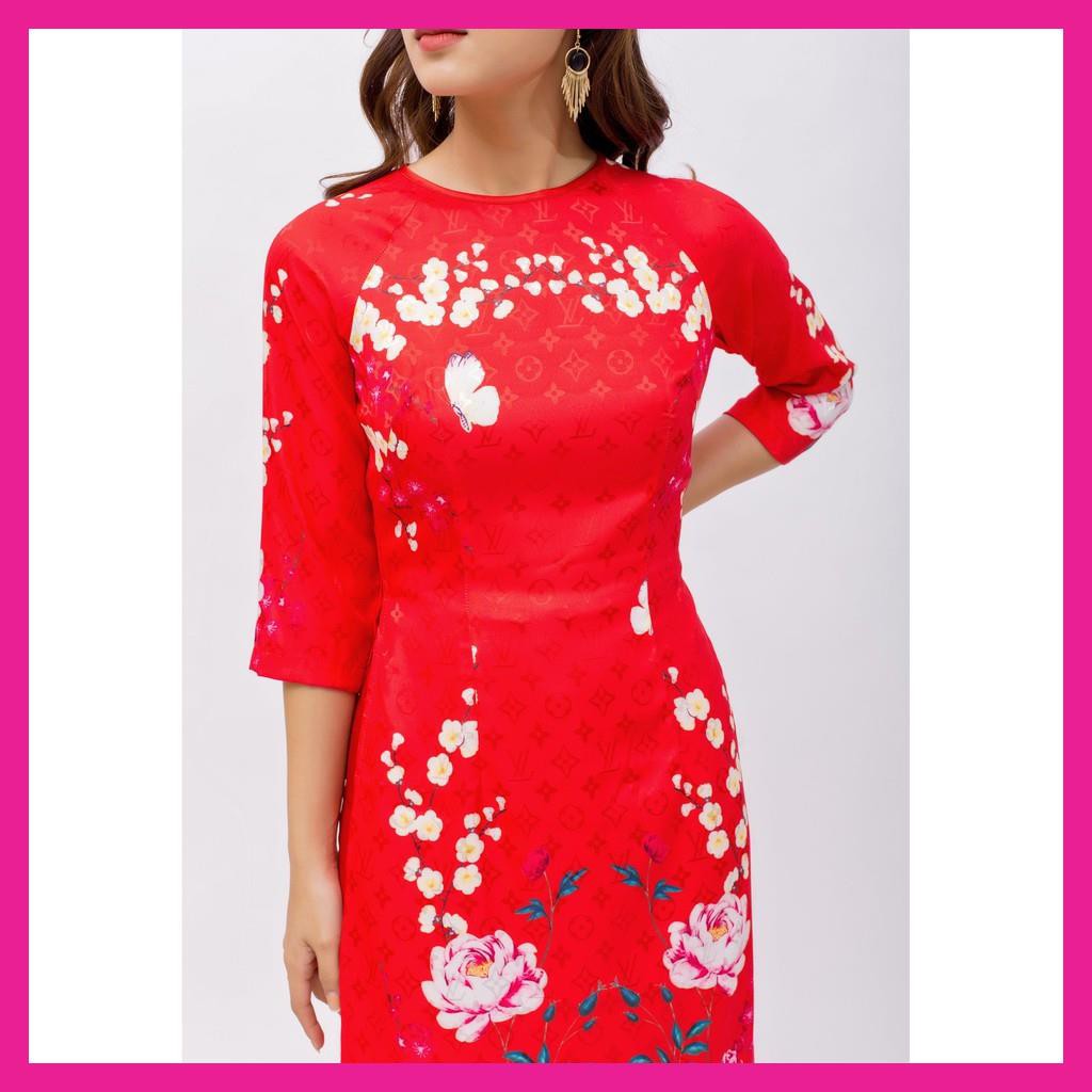 Áo Dài May Sẳn, Áo Dài Cổ Tròn Tay Lửng Màu Đỏ Chất Liệu Gấm Lụa In Hình Hoa Trạng Nguyên. | BigBuy360 - bigbuy360.vn