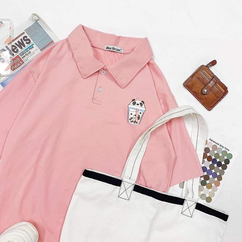 Áo thun có cổ dáng rộng tay lỡ --- ly trà sữa