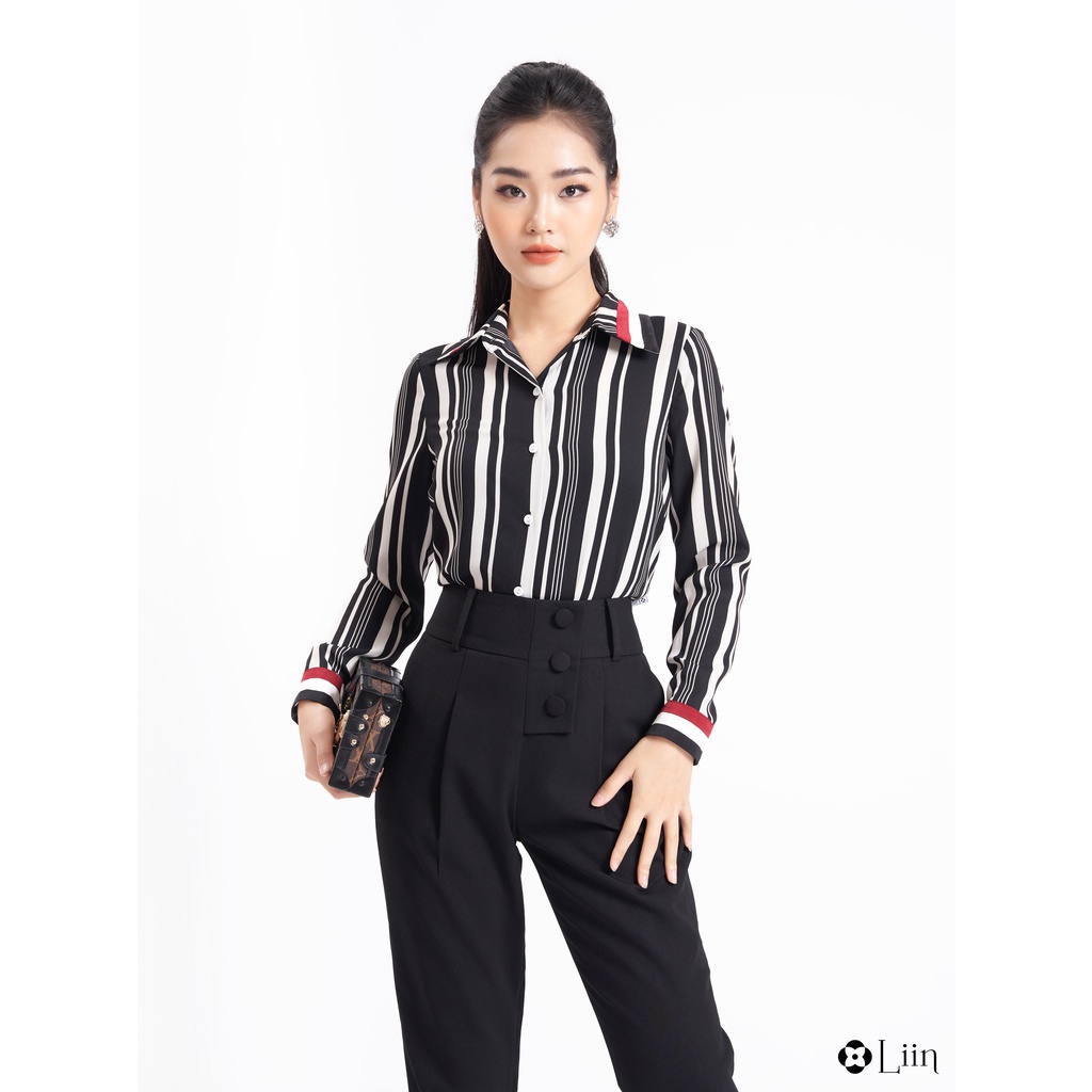 Áo sơ mi linbi kẻ đen viền đỏ form công sở kiểu dáng thanh lịch liin clothing SM3971