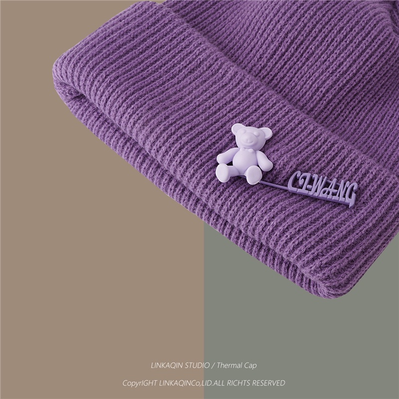 Mũ len họa tiết gấu ghim bên trong phong cách Nhật Bản thời trang thu đông cho nữ
