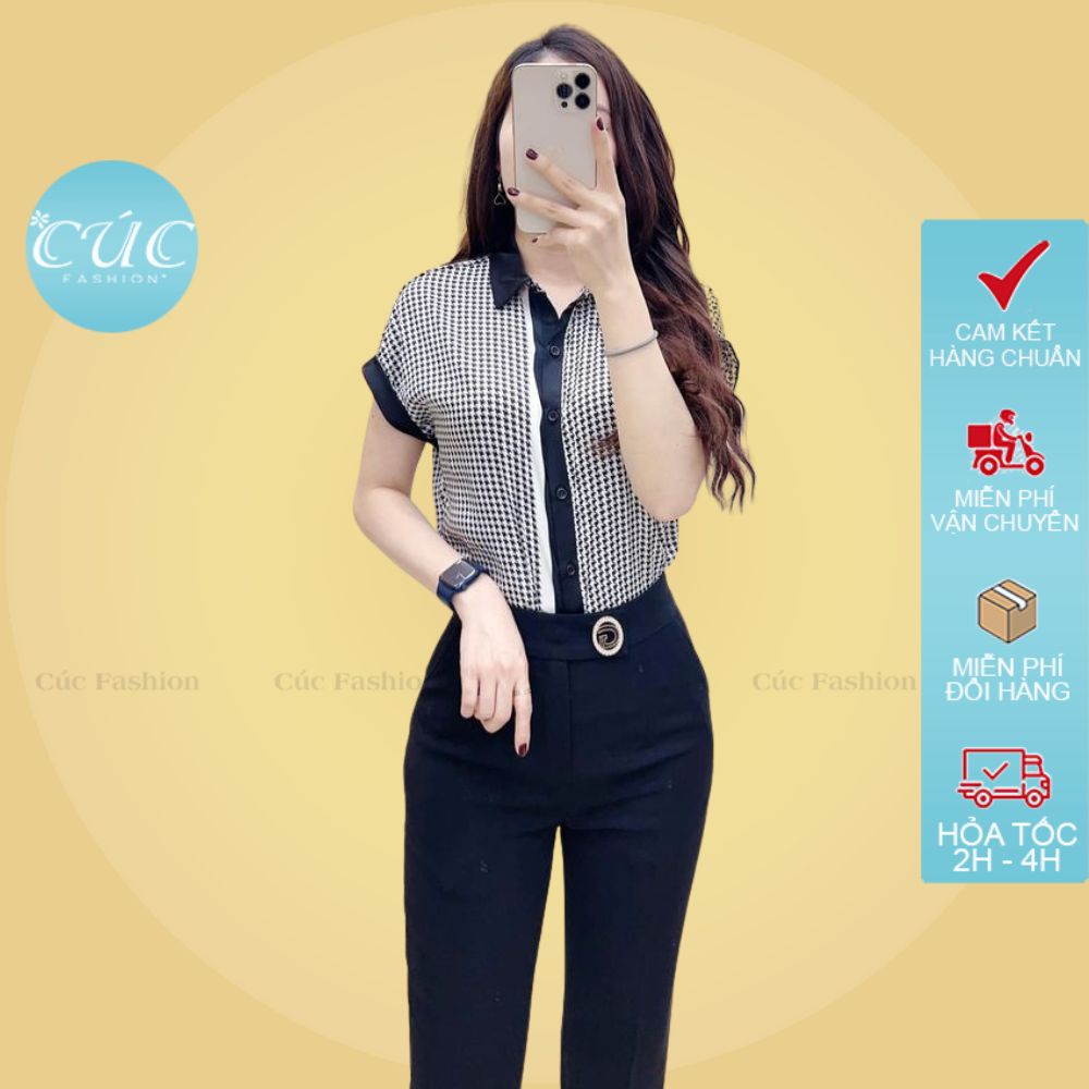 Áo sơ mi nữ Cúc Fashion thời trang cao cấp somi ziczac công sở sơmi áo rích rắc cổ đen A1208