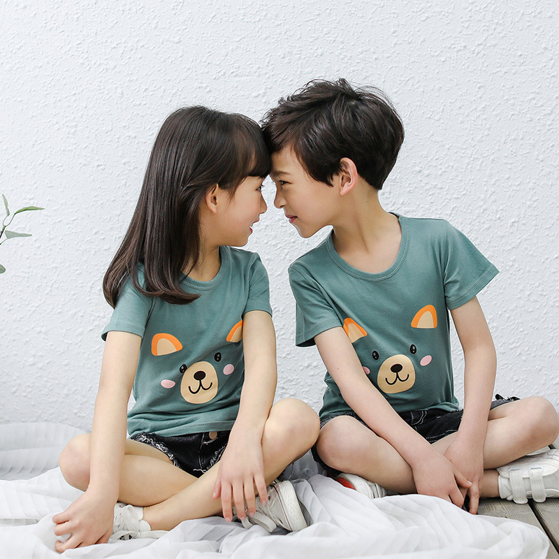 Mùa hè trẻ em tay ngắn trẻ em áo thun Hàn Quốc bé trai và bé gái Phim hoạt hình thời trang hàng đầu