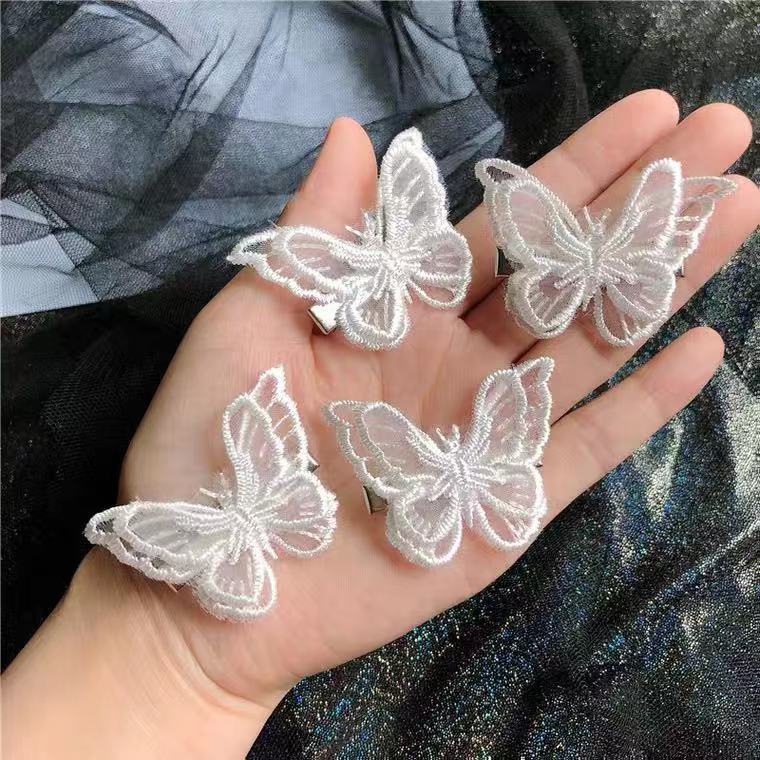 Kẹp tóc thêu họa tiết bướm ba chiều hai lớp phối ren tùy chọn màu sắc đơn giản cá tính