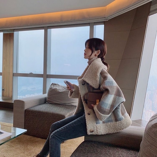 Áo khoác Dạ cừu mùa thu đông đa năng hương thơm nhỏ phổ biến trên Internet nổi tiếng áo khoác len