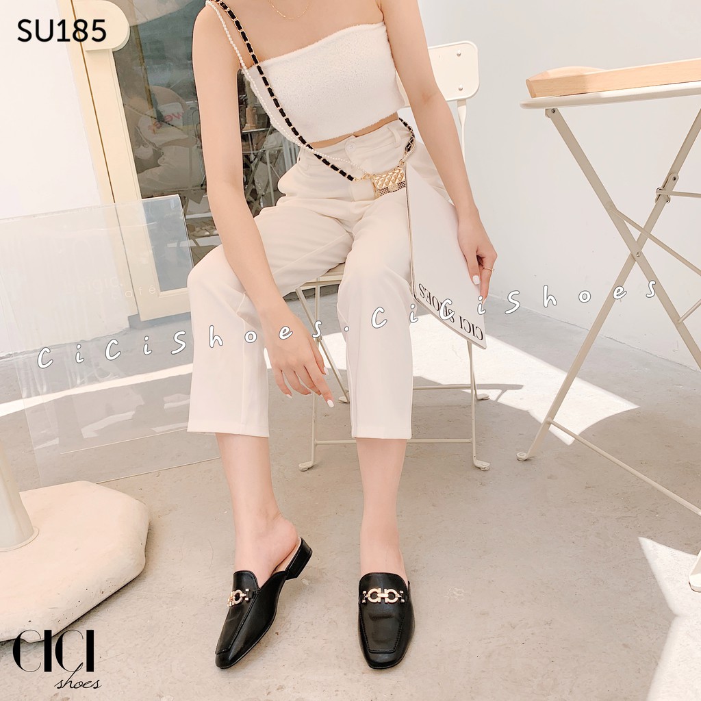 Giày cao gót nữ CiCi Shoes 1cm gót vuông, dép sục mũi vuông khoá xích - SU185