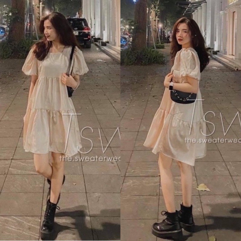 [Ảnh thật/Sẵn] Váy babydoll cổ vuông tay bồng/Đầm babydoll tay bồng