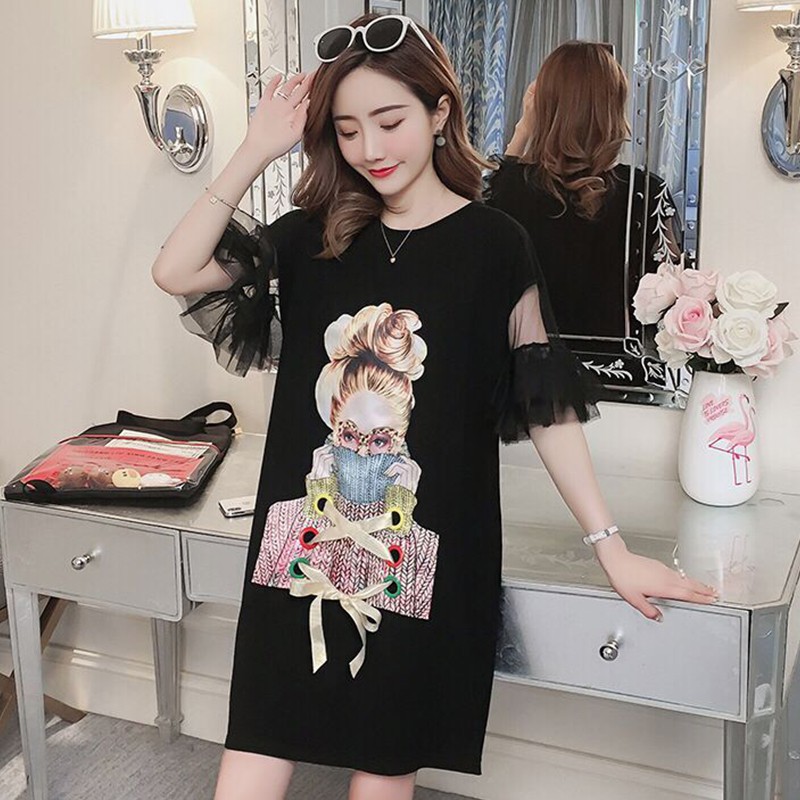 【Quảng Châu Big Size】 Đầm big size quảng châu suông thun tay phối lưới hình cô gái D888 ( D974 ) (QC Chính góc)