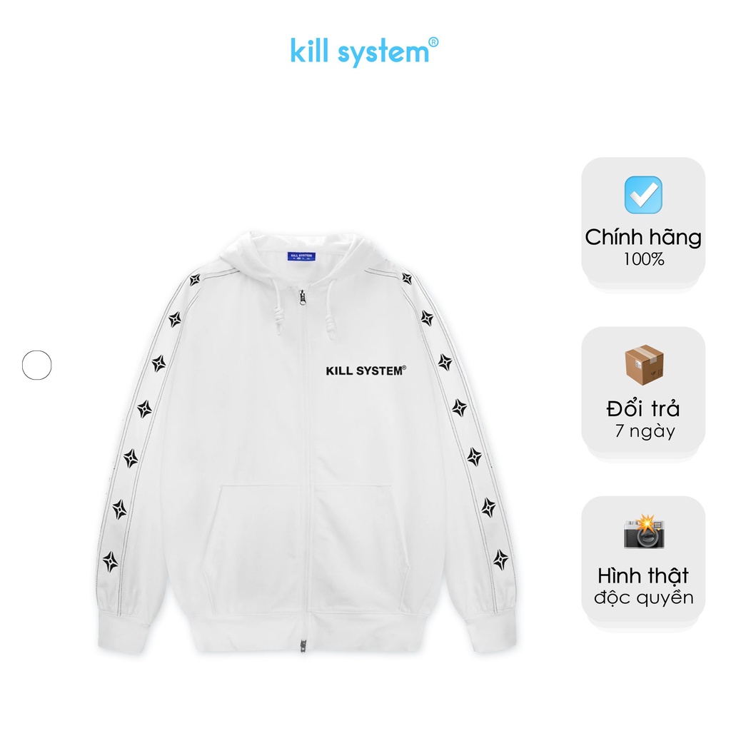 Áo khoác hoodie zip màu trắng Kill System Line oversize có nón nam nữ, vải chân cua co giãn tốt phong cách unisex