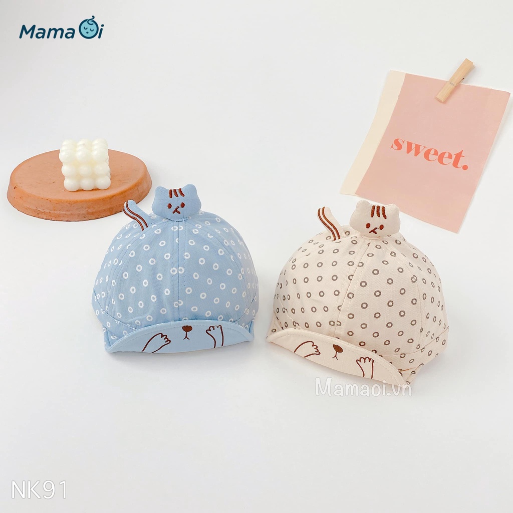 NK91 NÓN KẾT LƯỠI TRAI CHÓP MÈO, CHẤM BI TRÒN CHO BÉ TỪ 0-8 THÁNG CỦA MAMAOI - THỜI TRANG CHO BÉ