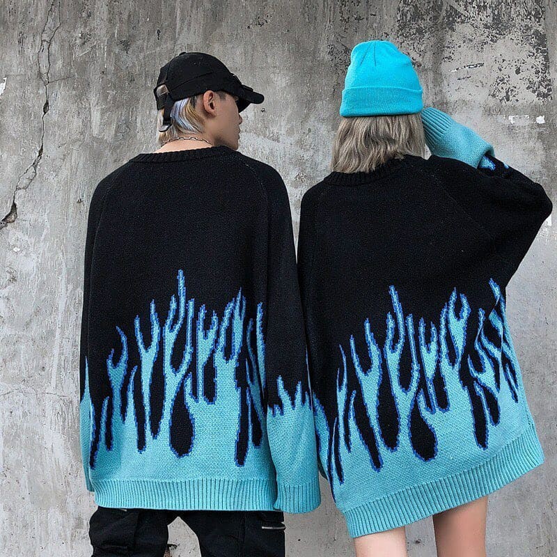 (A240) Áo len sweater oversize họa tiết ngọn lửa blue flame (kèm ảnh thật)