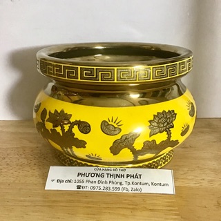 Lư Hương Sứ Sen Vàng 3D Cỡ Trung ĐK 12.5Cm Kèm Văn Khấn.